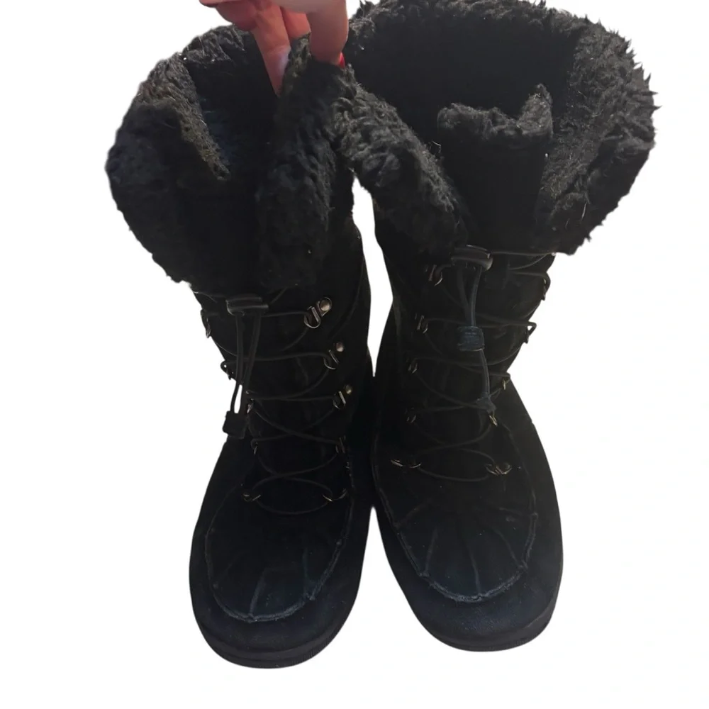 BearPaw Boots Size 9 Black Suede Leather Wool Lining Kirkwood Lace-Up Winter